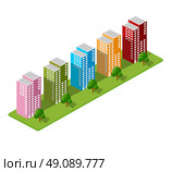 Isometric houses, town houses, skyscrapers and streets made in perspective projection for design sites, business portals and real estate agencies. Стоковая иллюстрация, агентство Ingram Publishing / Фотобанк Лори
