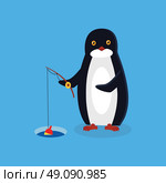 Animal penguin design flat. Bird penguin vector, cartoon polar animal winter isolated, wild penguin character fishing with a fishing rod illustration. Стоковая иллюстрация, агентство Ingram Publishing / Фотобанк Лори