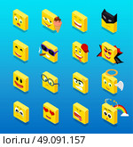 Isometric set smiley funny design. Smiley isometric, smile and smiley face, emoticons and square smiley icon, happy 3d smiley vector, face cartoon, emoticon funny  vector illustration. Стоковая иллюстрация, агентство Ingram Publishing / Фотобанк Лори
