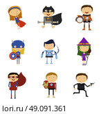 Set of super heroes man and woman. Large collection of various comical superhero strong and courageous women and men isolated on white. Colorful costumes masks and helmets, vector illustration. Стоковая иллюстрация, агентство Ingram Publishing / Фотобанк Лори
