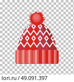 Winter Hat Isolated. Winter red wool hat icon. Knitted winter woolen cap isolated on checkered background. Flat icon winter snowboard hat cap. Vector illustration. Стоковая иллюстрация, агентство Ingram Publishing / Фотобанк Лори