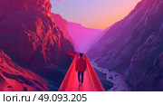 A man walks alone on a red bridge spanning a deep canyon, surrounded by majestic mountains at sunset. The sky glows with vibrant shades of pink and orange, casting a warm light on the scene. Стоковое AI-изображение, AI-художник Данила Большаков / Фотобанк Лори