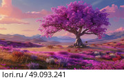 A large pink flowering tree stands alone in a grassy valley, bathed in the warm light of a setting sun. Mountains rise in the distance, and the entire landscape is awash in vibrant hues of pink, purple, and gold. Стоковое AI-изображение, AI-художник Данила Большаков / Фотобанк Лори