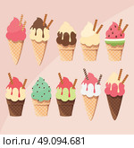 Collection of delicious tasty ice cream scoops and cones, summer treat, vector illustration. Стоковая иллюстрация, агентство Ingram Publishing / Фотобанк Лори