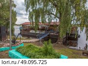 Речное кафе «Три пескаря» на дебаркадере, стоящем на воде у набережной реки Припять.. Мозырь. Гомельская область. Беларусь (2024 год). Редакционное фото, фотограф Сергей Афанасьев / Фотобанк Лори