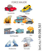Force majeure natural disaster set. Collection and destruction in the nature of emergencies. Flooding landslide, fire in the house or in the woods, earthquake or tornado avalanche. Vector illustration. Стоковая иллюстрация, агентство Ingram Publishing / Фотобанк Лори