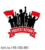 Protest Action Emblem. Protest action emblem with crowd demanding men and flag placard inscription on white background isolated vector illustration. Стоковая иллюстрация, агентство Ingram Publishing / Фотобанк Лори