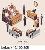 Jury Trial Isometric Composition. Jury trial isometric composition with officers of police court defendant lawyer witnesses on white background vector illustration. Стоковая иллюстрация, агентство Ingram Publishing / Фотобанк Лори