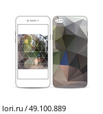 Mobile smartphone with an example of the screen and cover design isolated on white background. Polygonal background, blurred image, urban landscape, street in Montmartre, Paris cityscape. Стоковая иллюстрация, агентство Ingram Publishing / Фотобанк Лори