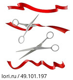 Scissors Cutting Red Ribbon Realistic Set . Realistic metal scissors for grand opening inauguration event with red ribbon cutting public ceremony image vector illustration . Стоковая иллюстрация, агентство Ingram Publishing / Фотобанк Лори