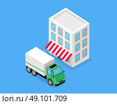 Isometric building and lorry car design. Transport and transportation cargo isometric, delivery vehicle industrial, automobile and warehouse or storage isolated on background. Vector illustration. Стоковая иллюстрация, агентство Ingram Publishing / Фотобанк Лори