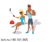 People Relax Summer Isolated on White Background. People relax in the summer isolated on white background. Cute girl in black glasses makes selfie. Man eating ice cream. Summer person young and happy relax isolated. Vector illustration. Стоковая иллюстрация, агентство Ingram Publishing / Фотобанк Лори