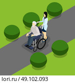 Disabled Retired People Life Isometric Banner . Elderly retired people with disabilities support service isometric banner with old man in wheelchair abstract vector illustration. Стоковая иллюстрация, агентство Ingram Publishing / Фотобанк Лори
