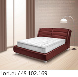 Mattress Bed In Home Interior. Double mattress bed in home interior with curtained window and floor lamp in realistic style isolated vector illustration . Стоковая иллюстрация, агентство Ingram Publishing / Фотобанк Лори