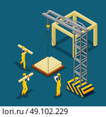 Building Construction Beginning Isometric Banner . Construction project beginning with wooden frame isometric banner builders and crane at work abstract vector illustration. Стоковая иллюстрация, агентство Ingram Publishing / Фотобанк Лори