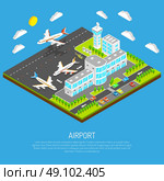 Poster Of Isometric Airport . Poster of square platform airport including terminal control tower airfield and airplanes on blue background isometric vector illustration. Стоковая иллюстрация, агентство Ingram Publishing / Фотобанк Лори