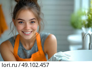 Молодая веселая девушка убирается в ванной комнате. Стоковое AI-изображение, AI-художник Щеголева Ольга / Фотобанк Лори