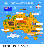 Australia Travel Guide Illustration . Australia travel guide with map flag ocean and sights flat vector illustration . Стоковая иллюстрация, агентство Ingram Publishing / Фотобанк Лори