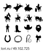 Rodeo Black Icons Set. Rodeo black icons with cowboys silhouettes riding on bulls and wild horses and rodeo accessories isolated vector illustration   . Стоковая иллюстрация, агентство Ingram Publishing / Фотобанк Лори