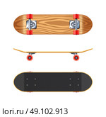 Skateboard Deck Side Bottom Realistic Illustration. Skateboard black deck top side and maple wood bottom views projections realistic on white background vector illustration . Стоковая иллюстрация, агентство Ingram Publishing / Фотобанк Лори