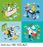 Workplaces Professions 2x2 Isometric Compositions. Isometric 2x2 compositions presenting different professions workplaces scientist reporter engineer and cook with their equipments vector illustration. Стоковая иллюстрация, агентство Ingram Publishing / Фотобанк Лори