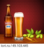 Beer Design Concept With Bottle And Glass. Design concept with beer bottle full glass of lager spike of barley and hop cones on brick wall background vector illustration . Стоковая иллюстрация, агентство Ingram Publishing / Фотобанк Лори
