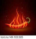 Red Chili Pepper Realistic Single Object . Flaming red chili pepper pod glowing in darkness hot dishes symbol single object poster realistic vector illustration . Стоковая иллюстрация, агентство Ingram Publishing / Фотобанк Лори
