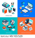 Office 2x2 Isometric Design Concept. Office 2x2 isometric design concept set with storage space work place office tools and computer peripherals on colorful backgrounds isolated vector illustration . Стоковое фото, агентство Ingram Publishing / Фотобанк Лори