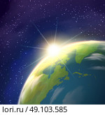 Sunrise Earth Space View Realistic Poster . Planet earth globe  pace view with bright rising sun and stars constellations on blue background  realistic  poster vector illustration . Стоковая иллюстрация, агентство Ingram Publishing / Фотобанк Лори