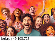 Euphoria Unleashed: group of people, mouths agape, in an awe-inspiring display of astonishment and collective wonderment. Стоковое AI-изображение, AI-художник Данила Большаков / Фотобанк Лори