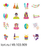 Carnival Icon Flat. Set ot color flat icons depicting carnival elements balloon mask firework vector illustration. Стоковая иллюстрация, агентство Ingram Publishing / Фотобанк Лори