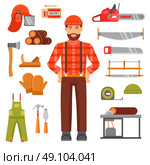 Lumberjack Decorative Flat Icons Set . Lumberjack decorative flat icons set with avatar of woodcutter timber saws matches casque overall isolated vector illustration. Стоковая иллюстрация, агентство Ingram Publishing / Фотобанк Лори
