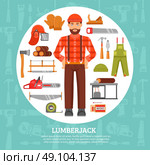 Lumberjack And Tools Icons Set . Lumberjack and tools icons set with saws axes overall in white circle with blue background vector illustration . Стоковая иллюстрация, агентство Ingram Publishing / Фотобанк Лори