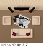 Living Room Top View Realistic Image . Living room with cowhide rug under the glass table coach and armchairs top view realistic vector illustration  . Стоковая иллюстрация, агентство Ingram Publishing / Фотобанк Лори