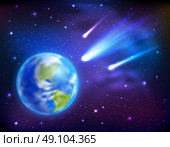 Comets Coming To Earth Background. Bright comets coming to earth on dark starry sky background cartoon vector illustration. Стоковая иллюстрация, агентство Ingram Publishing / Фотобанк Лори