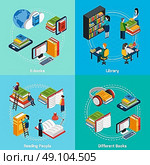 Library Isometric 2x2 Compositions. Isometric 2x2 compositions presenting classic library e-books reading people and different types of books vector illustration. Стоковая иллюстрация, агентство Ingram Publishing / Фотобанк Лори