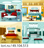 Hotel Interior 2x2 Design Concept. Colorful modern hotel interior lobby bar de luxe suite single room and reception 2x2 design concept cartoon vector illustration. Стоковая иллюстрация, агентство Ingram Publishing / Фотобанк Лори