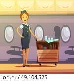 Stewardess Cartoon Illustration . Stewardess and tray with food and drinks in the plane cartoon background vector illustration . Стоковая иллюстрация, агентство Ingram Publishing / Фотобанк Лори