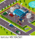 Recycling Plant Isometric Concept . Recycling plant isometric top view with trucks transporting garbage for processing in incinerator vector illustration. Стоковая иллюстрация, агентство Ingram Publishing / Фотобанк Лори