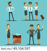 Pilot And Stewardess Cartoon Set. Pilot and stewardess cartoon icons set on blue background isolated vector illustration . Стоковая иллюстрация, агентство Ingram Publishing / Фотобанк Лори