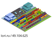 Railroad Cargo Transportation Isometric Design Concept  . Railroad cargo transportation isometric design concept with warehouse constructions and railway tracks with cisterns containers refrigerators flat  vector illustration. Стоковая иллюстрация, агентство Ingram Publishing / Фотобанк Лори