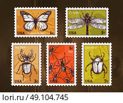 Postage Stamps With Insects Sketch. Set of postage stamps with insects drawn in sketch style on wooden background poster vector illustration. Стоковая иллюстрация, агентство Ingram Publishing / Фотобанк Лори