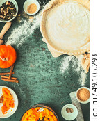 Pumpkin pie cooking : dough in backing form, filling and ingredients on dark rustic background, top view , retro styled. Стоковое фото, агентство Ingram Publishing / Фотобанк Лори