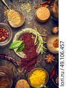 Herbs and spices selection with staghorn sumac powder on dark rustic wooden background, top view. Стоковое фото, агентство Ingram Publishing / Фотобанк Лори