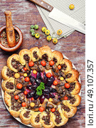 ruddy meat pie. Delicious homemade steak pie with vegetables and plum jam in rustic style. Стоковое фото, агентство Ingram Publishing / Фотобанк Лори