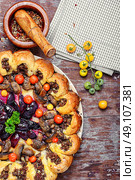 ruddy meat pie. Delicious homemade steak pie with vegetables and plum jam in rustic style. Стоковое фото, агентство Ingram Publishing / Фотобанк Лори