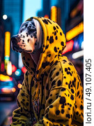 Spotted Sunshine: A Dalmatians Fashionable Yellow Hoodie Adds a Pop of Color to This Endearing Canine Portrait. Стоковое AI-изображение, AI-художник Данила Большаков / Фотобанк Лори