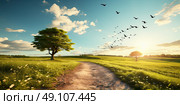 Majestic tree standing tall in a vibrant field, with flocks of birds gracefully soaring through the sky. Стоковое AI-изображение, AI-художник Данила Большаков / Фотобанк Лори