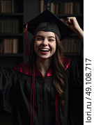 Euphoria: A Woman Embracing the Culmination of Her Academic Journey in Graduation Attire. Стоковое AI-изображение, AI-художник Данила Большаков / Фотобанк Лори