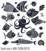 Set imprint cute fish and octopus for the design.. Set imprint cute fish and octopus for the design. Vector illustration. Стоковая иллюстрация, агентство Ingram Publishing / Фотобанк Лори